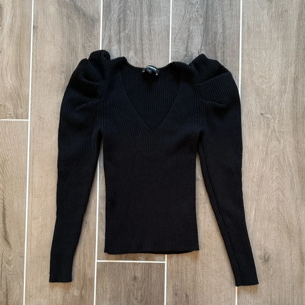 Express Black V-Neck Sweater with Puff Sleeves - Picture 2 of 5
